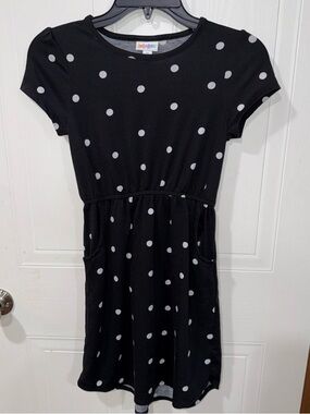 LuLaRoe Girls Size 12 Black with White Polka Dots Dress with Pockets